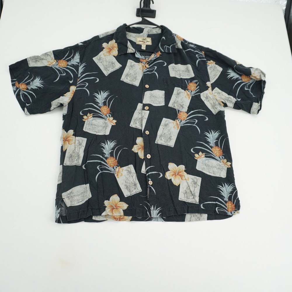 Jamaica Jaxx Mens Silk Hawaiian Shirt Large‎ Black Tropical Pineapple Floral L/G
